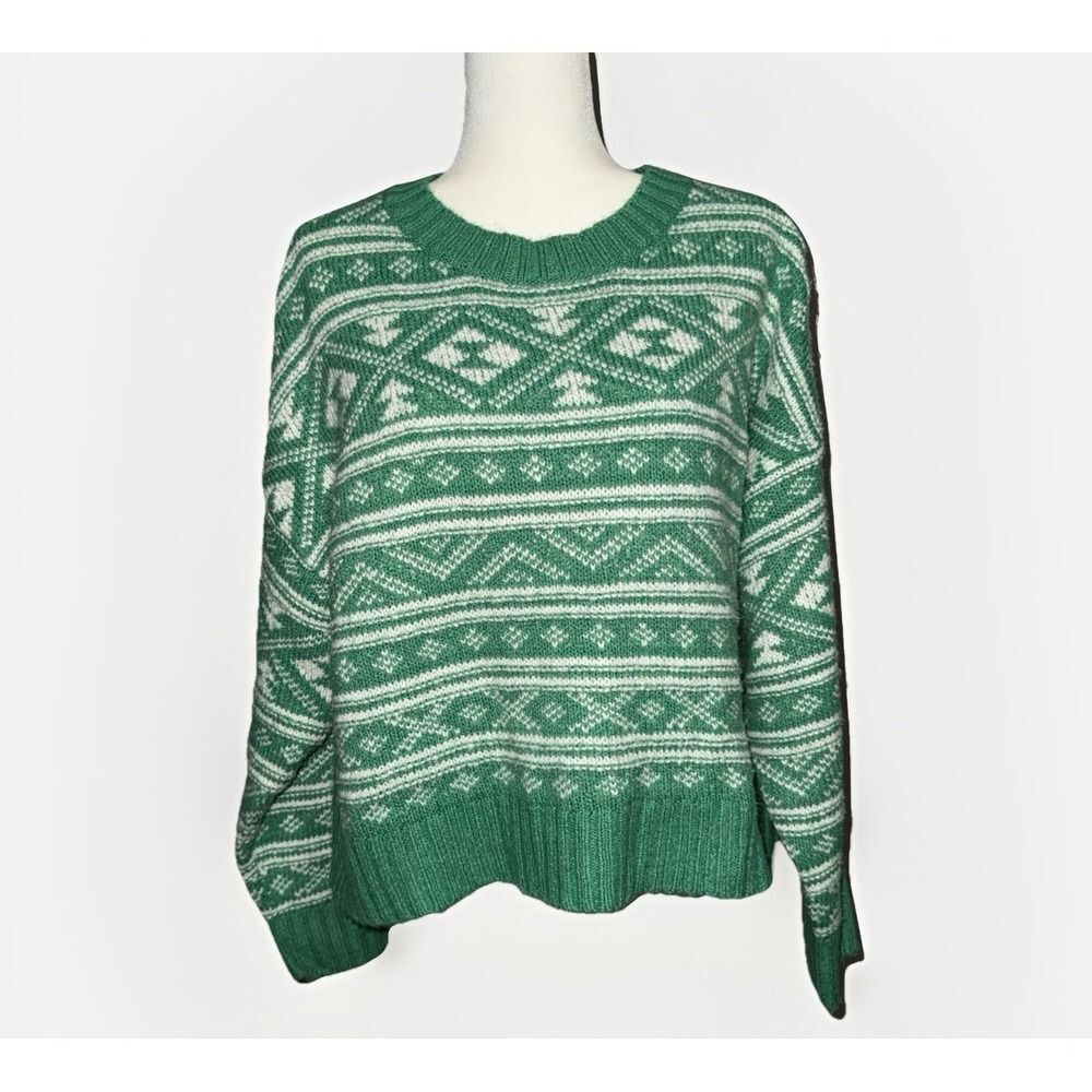 American Eagle Green Fair Isle Sweater Crewneck Snowdrift Warm Cozy Large St Pat - Picture 9 of 15